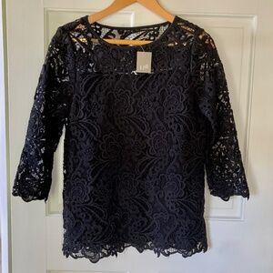 NWT Black Lace Top Size XS Bust 38" J. Jill Ornate Lined Ballet Neck 3/4 Sleeves